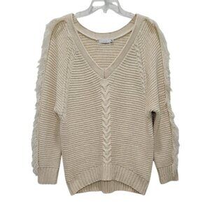 Lush V-Neck Chunky Knit Sweater Fringe Size Small Neutral Cable Knit Ribbed